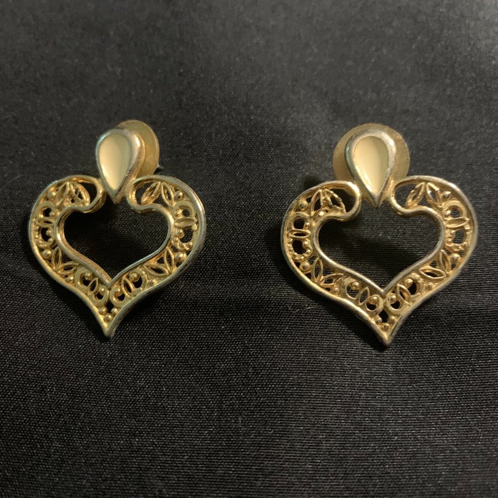 Gold Tone Heart Shaped Earrings-Pierced